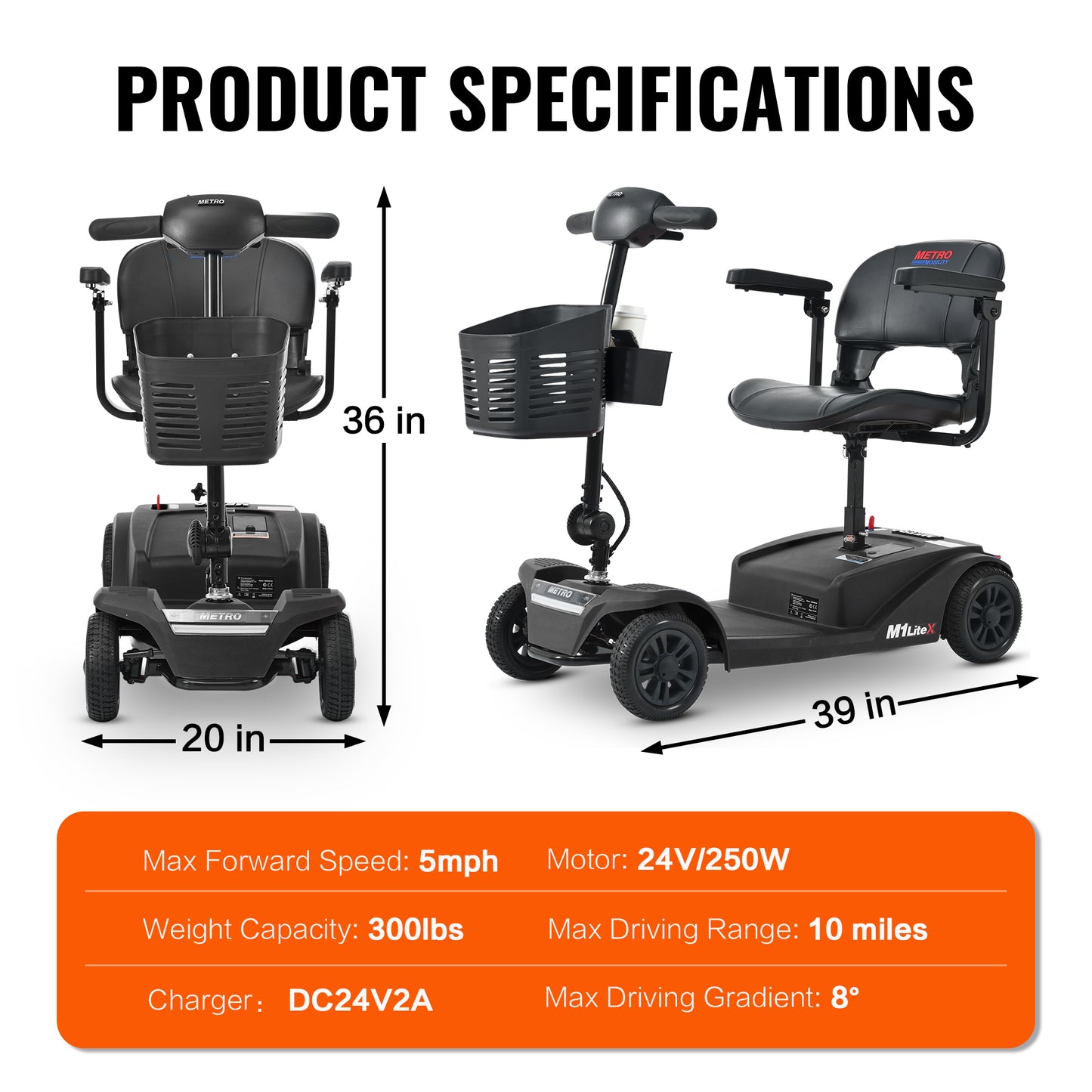 Patinete eléctrico plegable de 4 ruedas M1 LITE X 250W para adultos