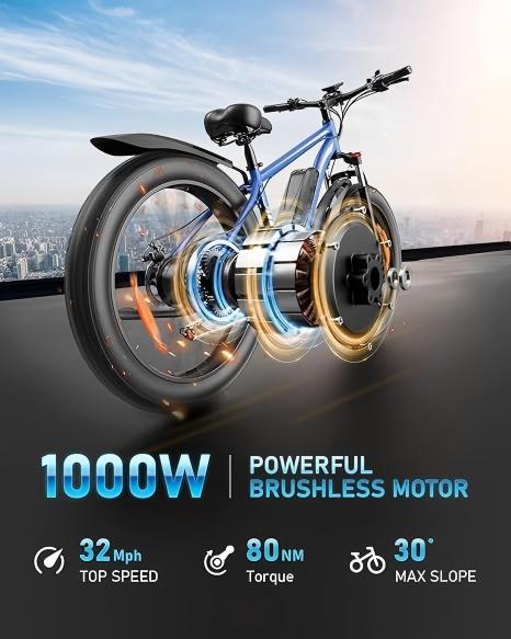 1000W Electric Bike for Adults - 26" Fat Tire eBike, 48V 15Ah, 22mph, Shimano 7-Speed