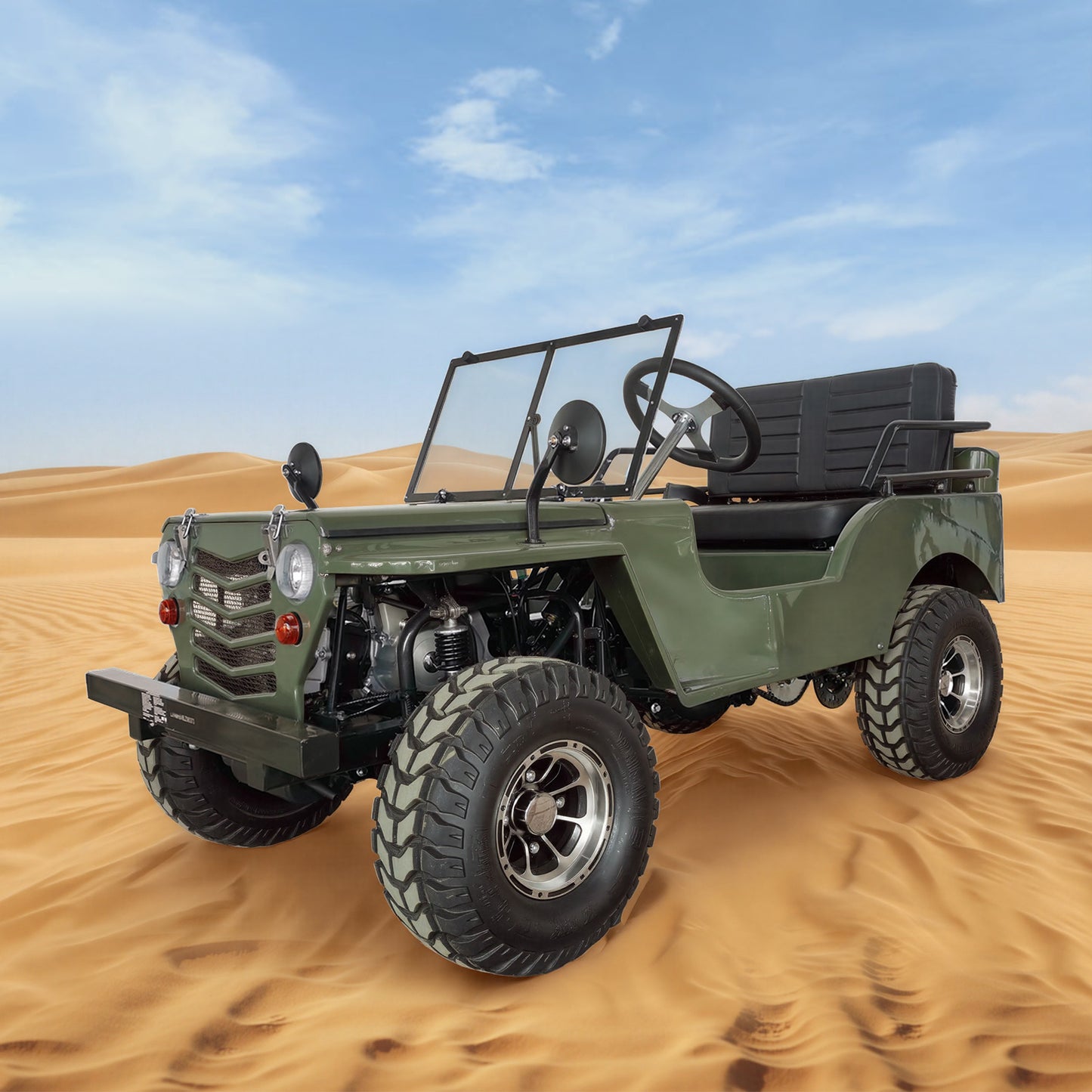 Green off-road vehicle on sand dunes with a clear blue sky