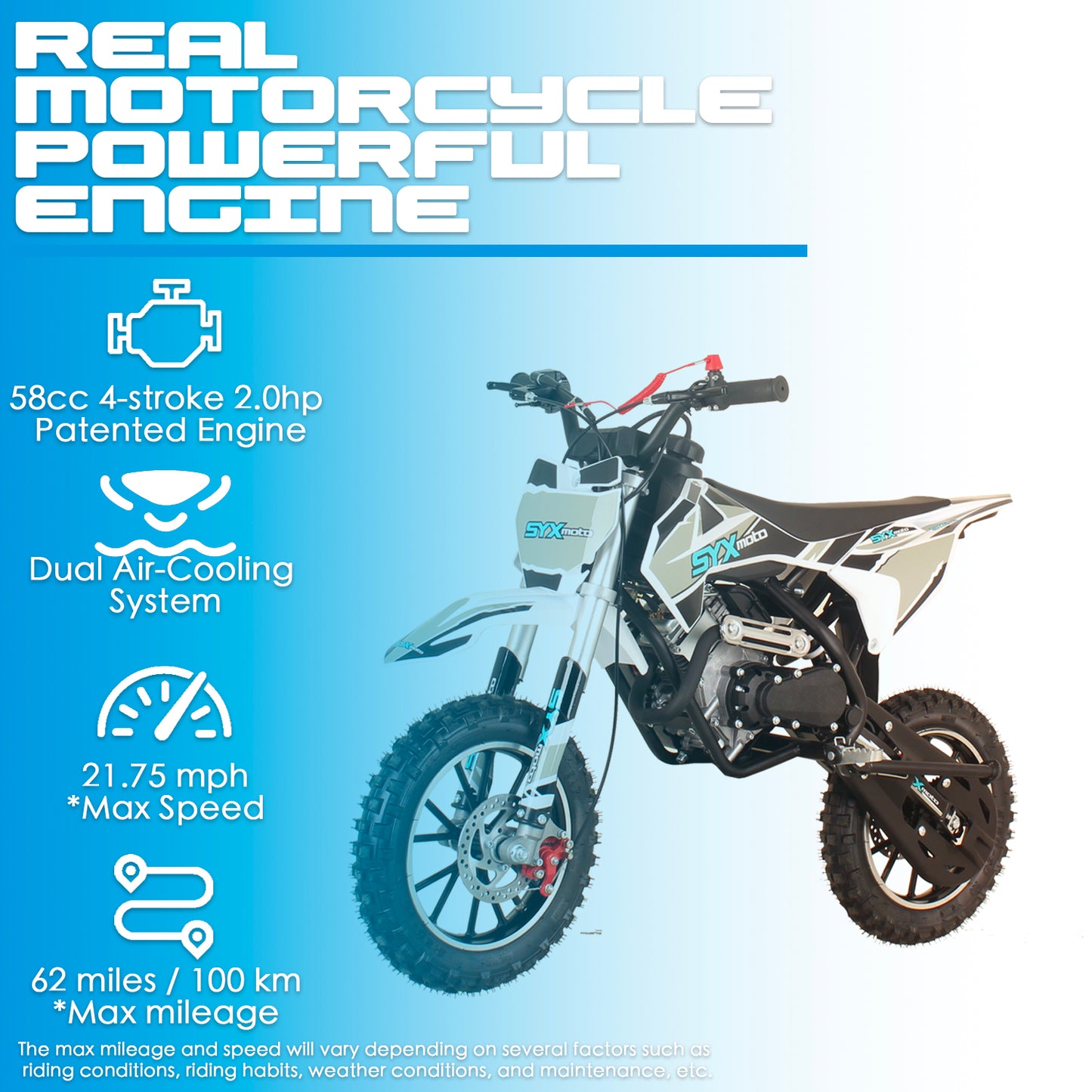 SYX MOTO VK 58cc 4 Stroke Real Motorcycle Engine Pull Start Mini Dirt Bike