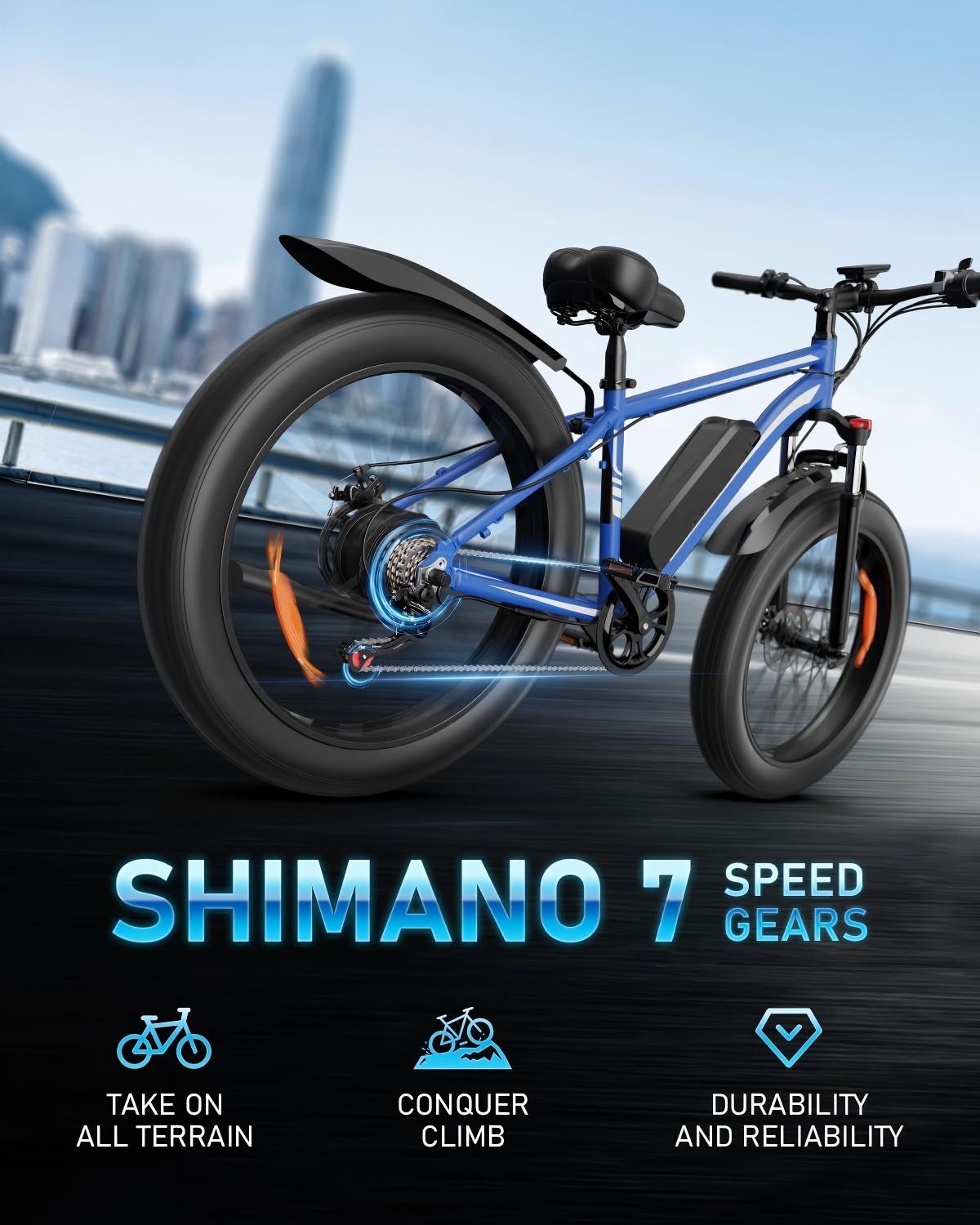 1000W Electric Bike for Adults - 26" Fat Tire eBike, 48V 15Ah, 22mph, Shimano 7-Speed