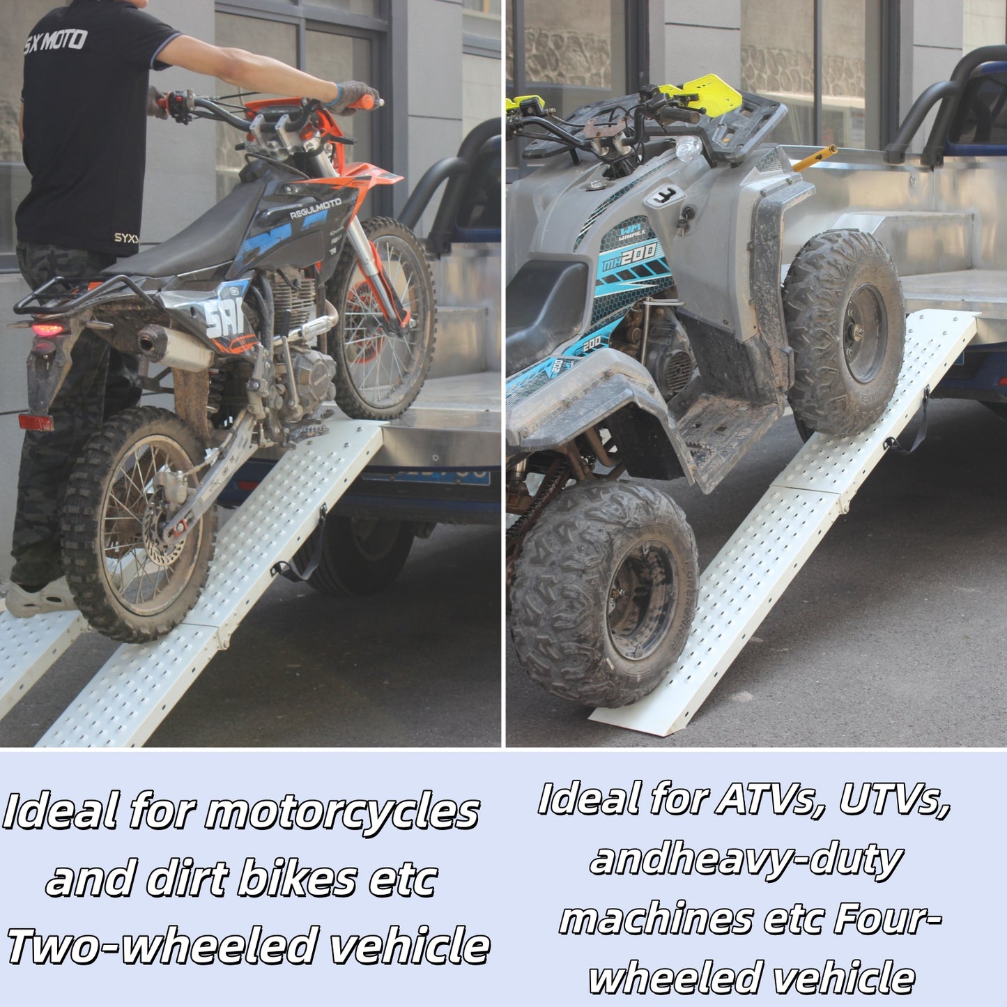 SYX MOTO 2Pcs Folding Loading Ramps, Punched Plate Traction Stainless Steel Ramps, 800 Lb Per Pair, Ideal for Motorcycles, ATV, Lawn Mower, Garden Cart, Hand Truck (Load-Bearing 800lb) - SYX MOTO