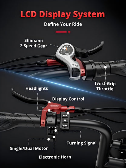 2000W Dual Motor Electric Bike - 32 MPH, 70-Mile Range, All-Terrain eBike