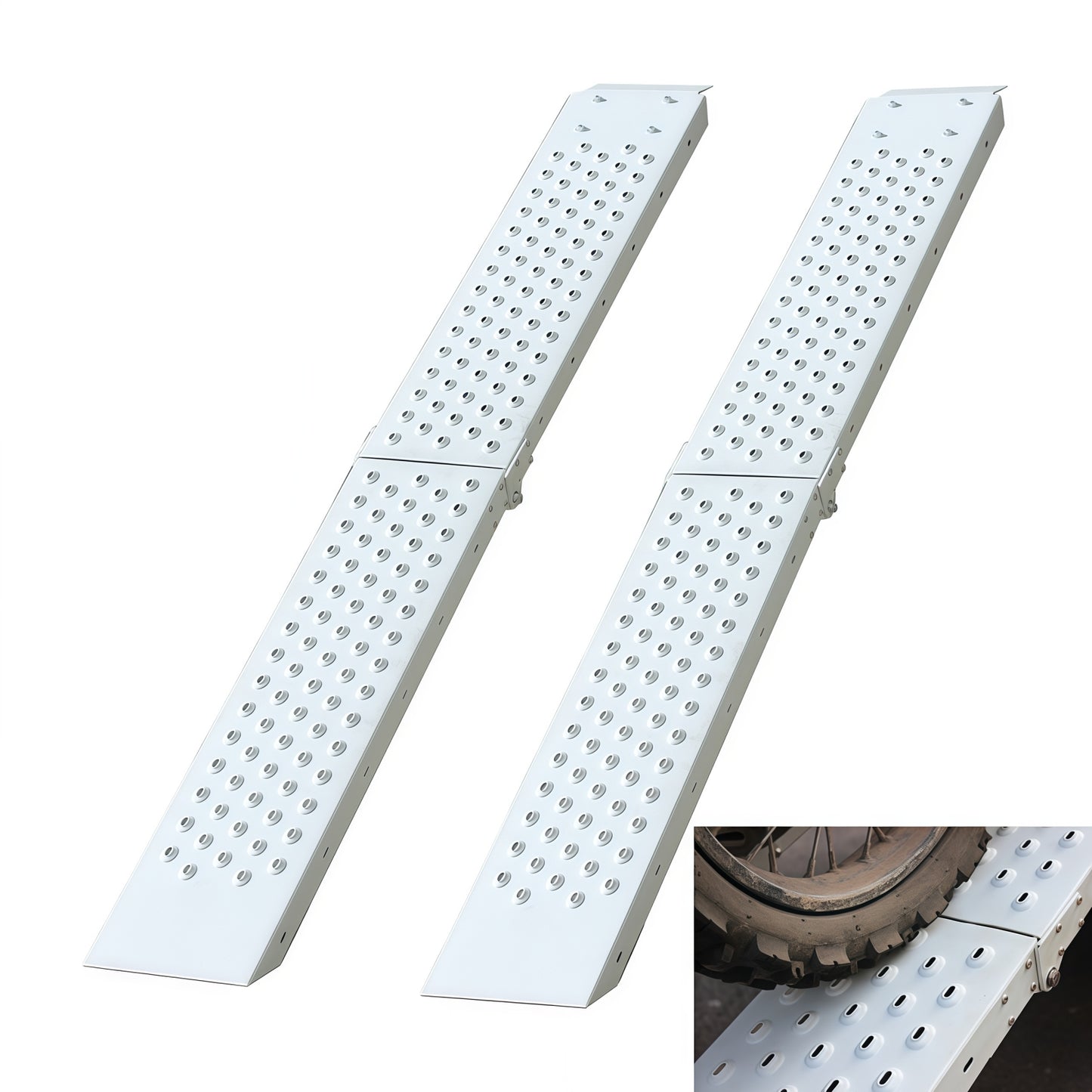 SYX MOTO 2Pcs Folding Loading Ramps, Punched Plate Traction Stainless Steel Ramps, 800 Lb Per Pair, Ideal for Motorcycles, ATV, Lawn Mower, Garden Cart, Hand Truck (Load-Bearing 800lb) - SYX MOTO