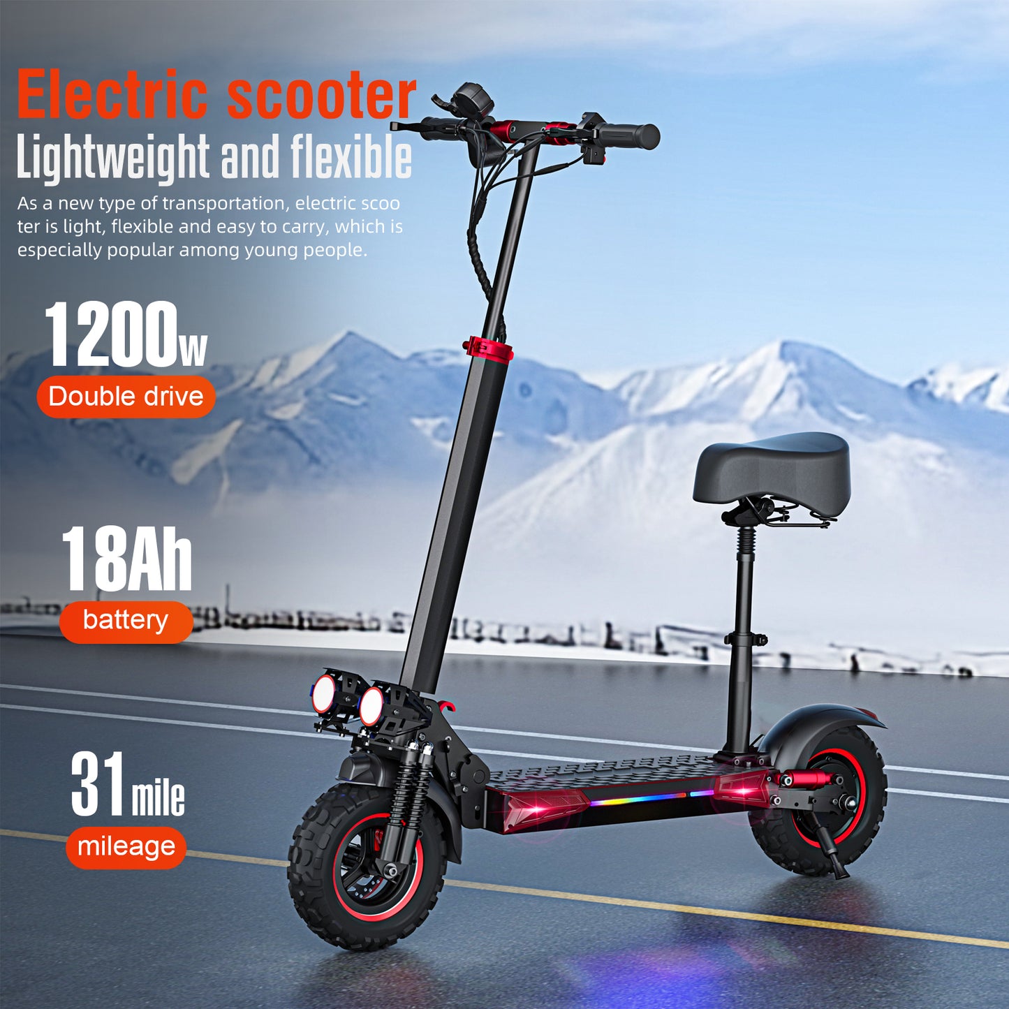 Patinete eléctrico plegable de alta velocidad de 1200 W para adultos 