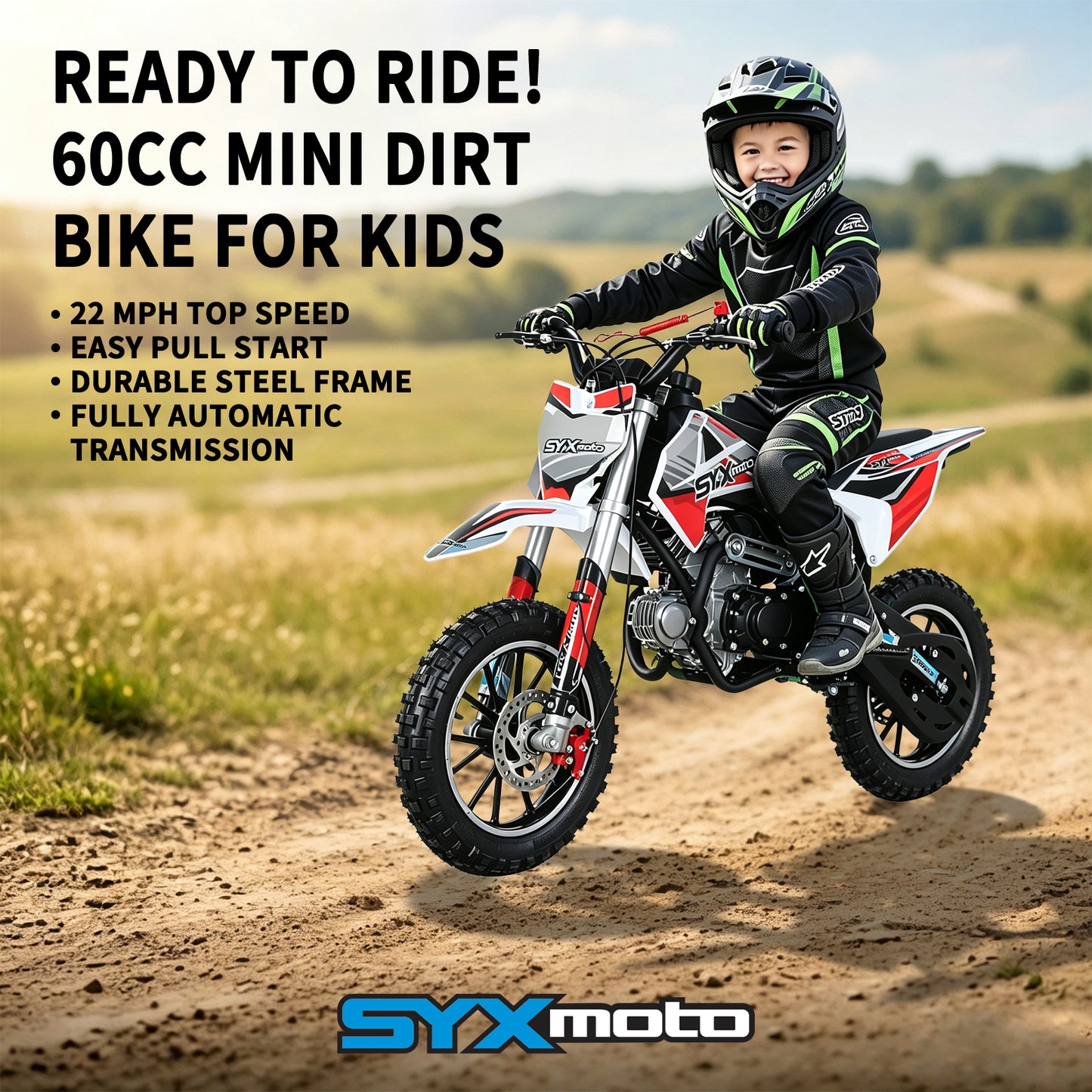 SYX MOTO Dirt-X 60cc Gas Powered Kids Mini Dirt Bike with Protective Knee & Elbow Pads Set