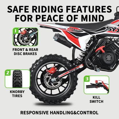 SYX MOTO Dirt-X 60cc Gas Powered Kids Mini Dirt Bike with Protective Knee & Elbow Pads Set