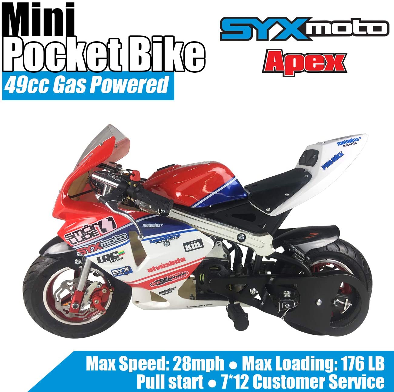 SYX MOTO Apex Pull Start Mini Pocket Bike, Red/Blue - SYX MOTO