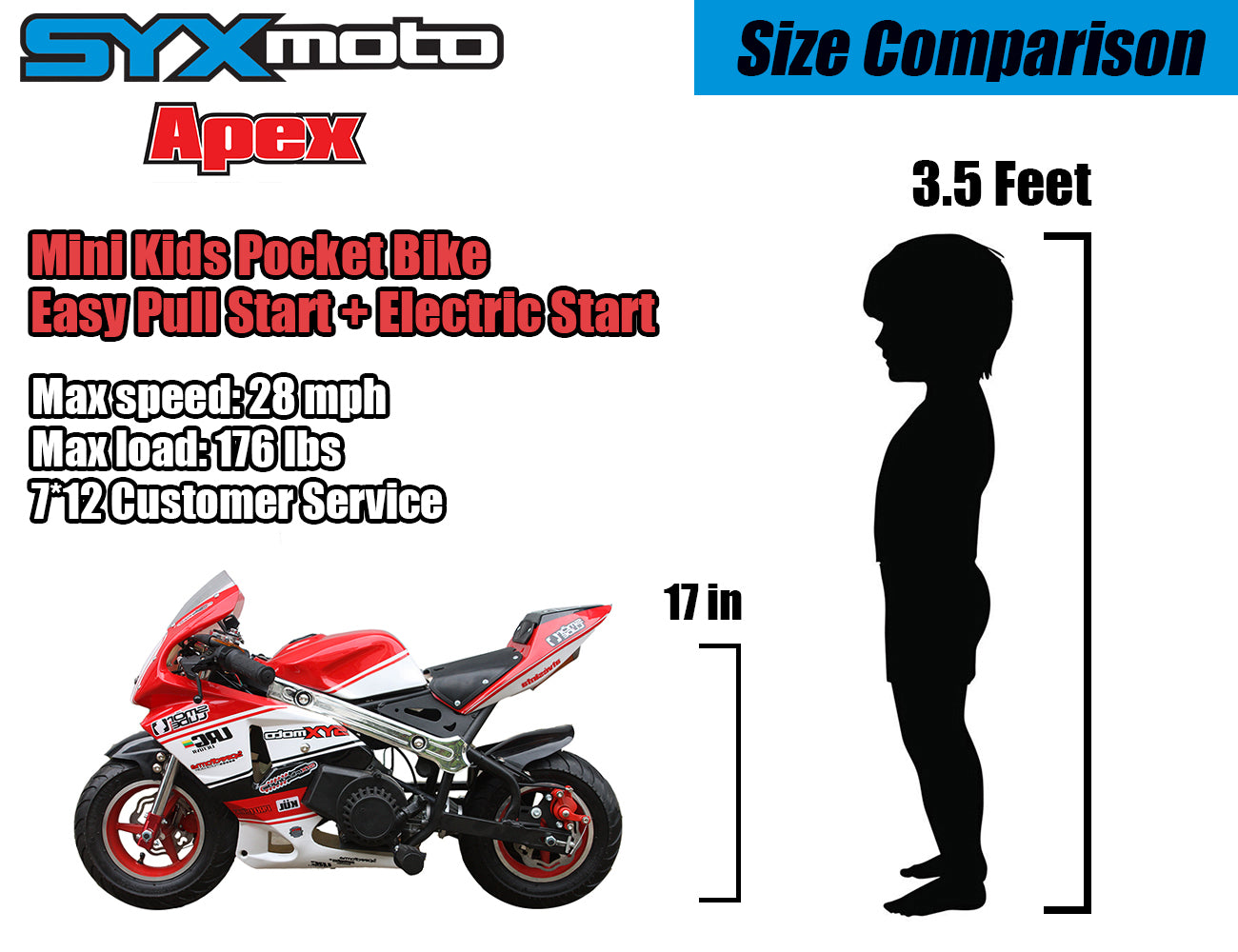 SYX MOTO Apex Electric Start/Pull Start Mini Pocket Bike, Red/White - SYX MOTO