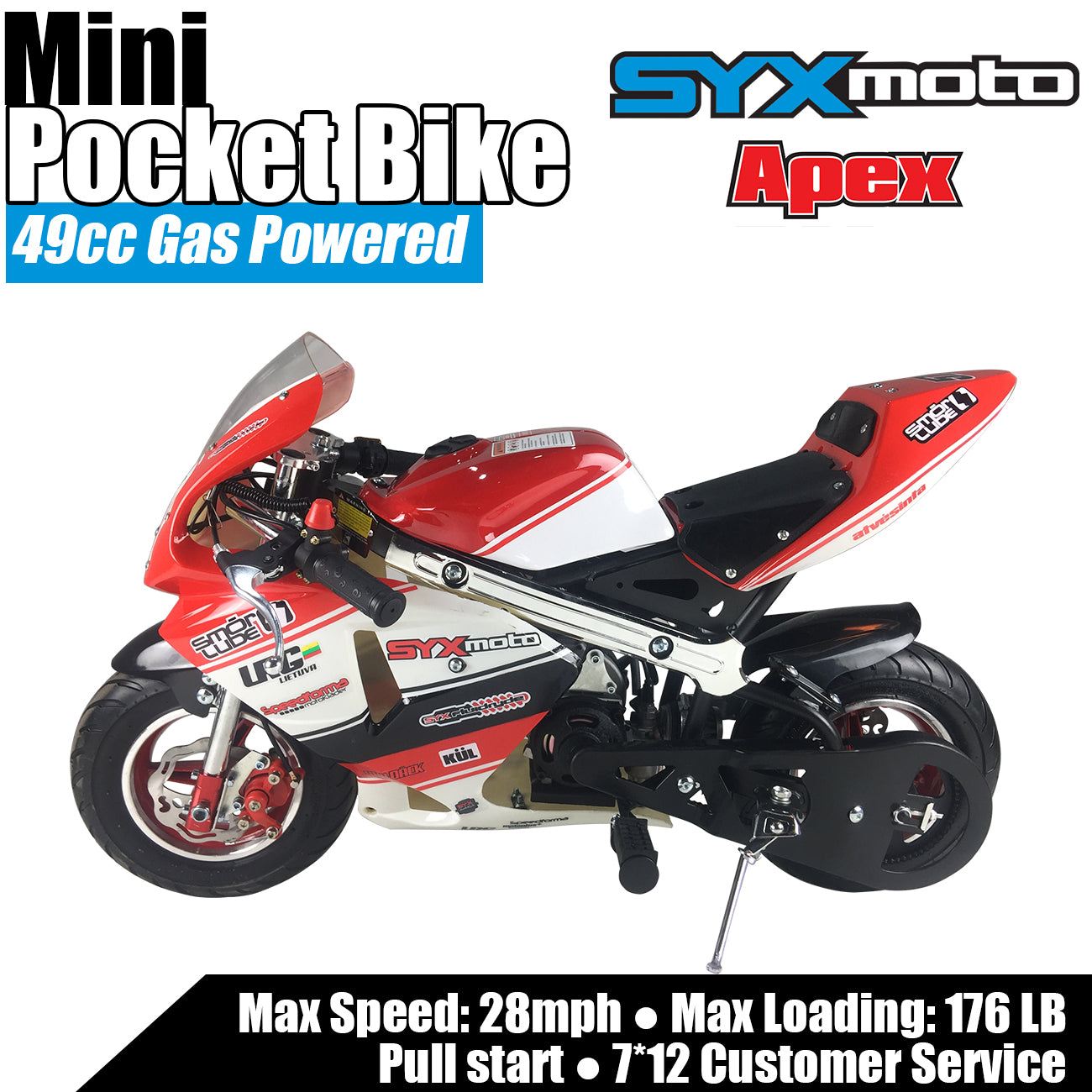 SYX MOTO Apex Pull Start Mini Pocket Bike, Red/White - SYX MOTO