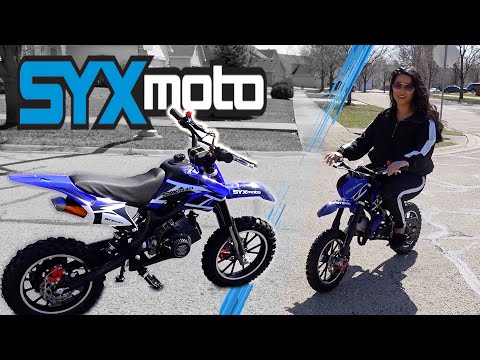 Blue 50cc Pit Bikes SYXMOTO Holeshot Stroke 50cc Kids Mini Dirt